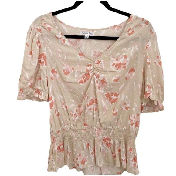 Ophelia Roe Cream & Pink Floral Smocked Peplum Top Size 3X - Picture 1 of 6